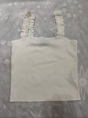 Forever 21 White Ruffle Strap Ribbed Tank